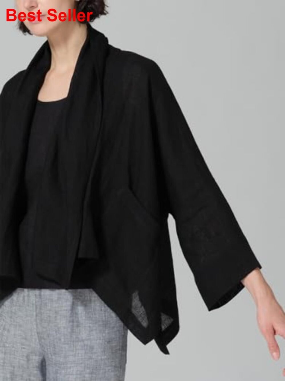 Linen Blend Lightweight 3/4 Sleeve Cardigan Shrug Kimono Cover Up - Picture 5 of 6